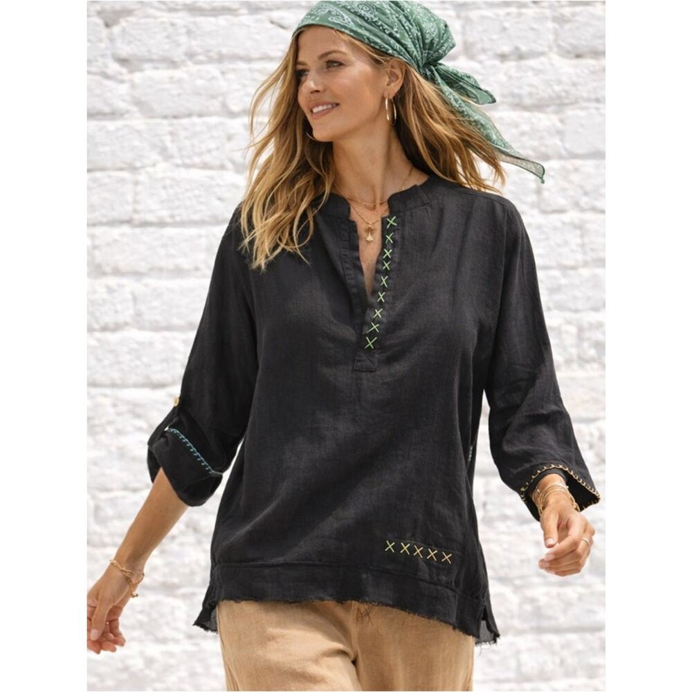 Organic Cotton Boho Tunic Top M/L Oversized Relaxed Fit Hand Stitched Blouse M/L